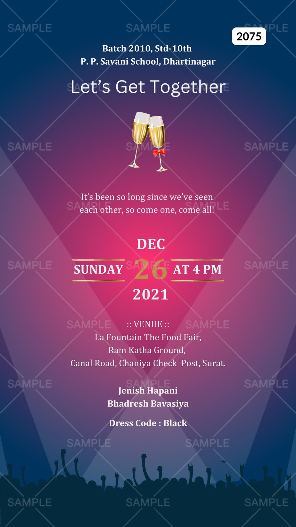 Get Together Party invitation card Canva Editable Template in english language with champagne glass crackers as night party theme design 2075