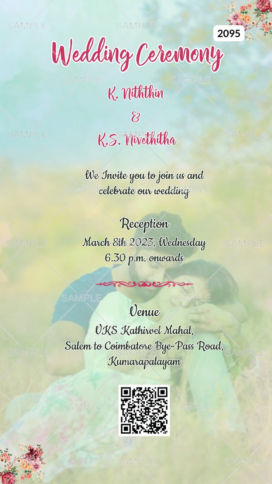 Wedding ceremony invitation card Canva Editable Template of hindu south indian tamil family in english language with couple photo garden theme design 2095