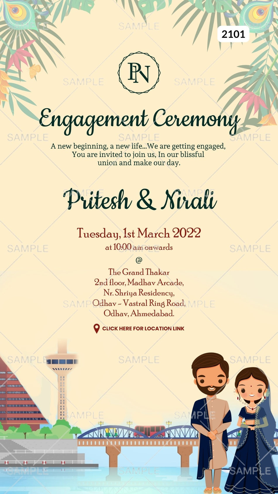Engagement ceremony invitation card Canva Editable Template in english language with couple doodle, leaves as city bridge theme design 2101