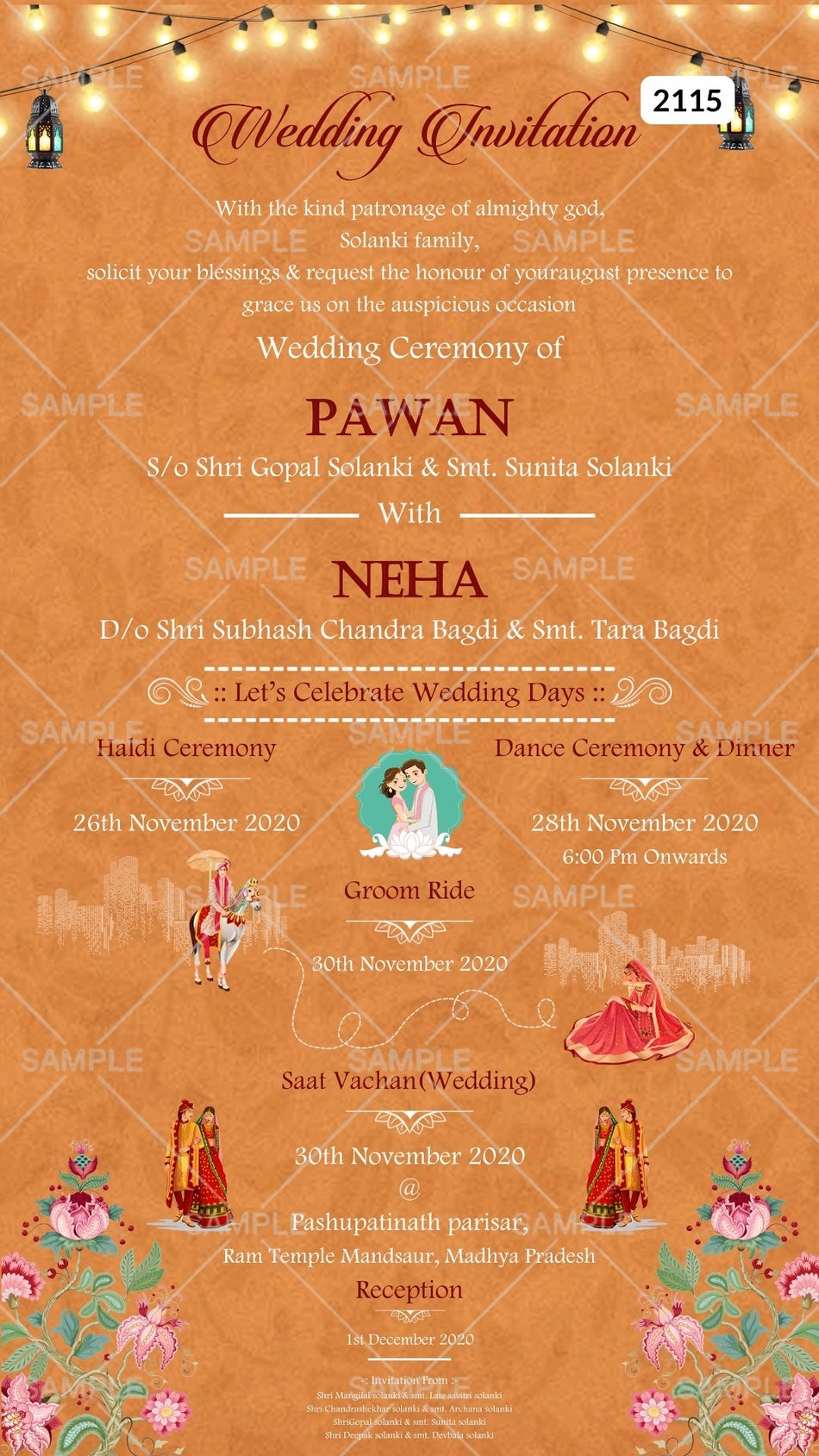Wedding ceremony invitation card Canva Editable Template of hindu north indian family in english language with vintage theme design 2115