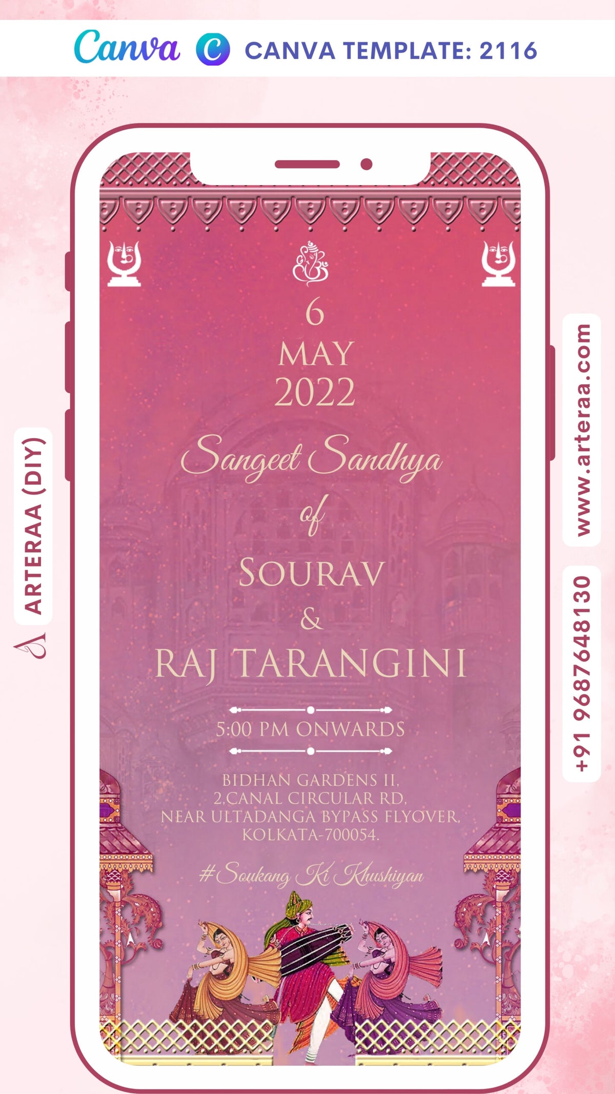 Sangeet Sandhya Ceremony invitation card Canva Editable Template in english language with traditional theme design 2116