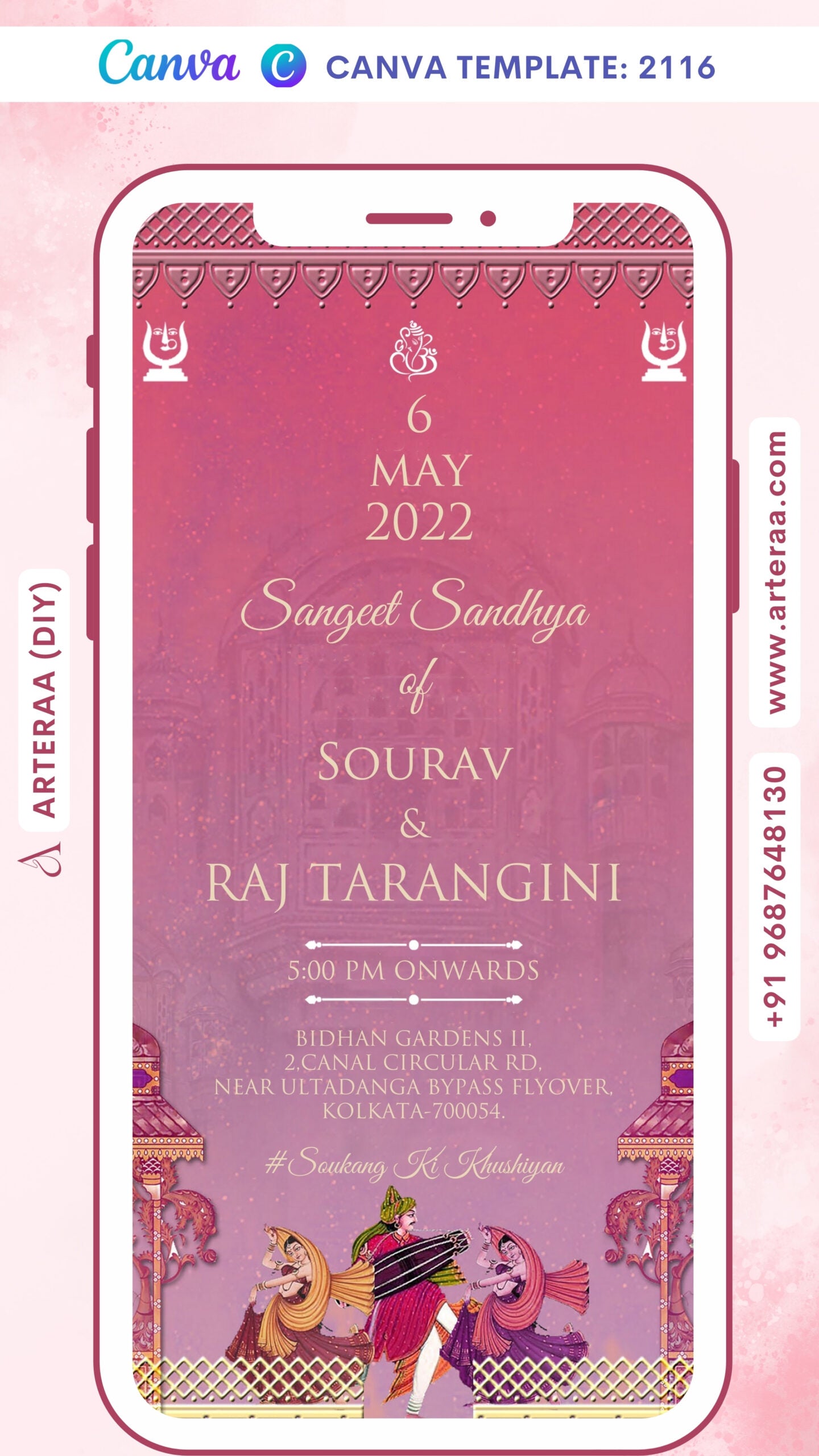 Sangeet Sandhya Ceremony invitation card Canva Editable Template in english language with traditional theme design 2116