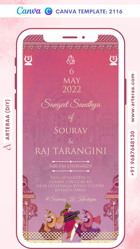 Sangeet Sandhya Ceremony invitation card Canva Editable Template in english language with traditional theme design 2116