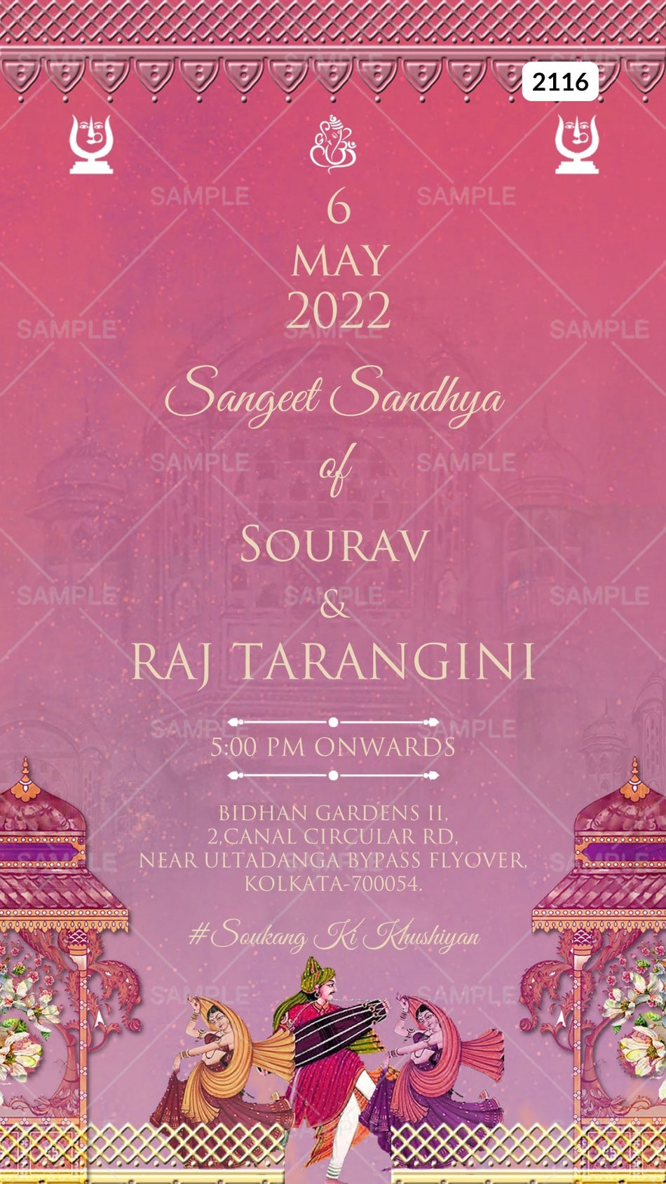 Sangeet Sandhya Ceremony invitation card Canva Editable Template in english language with traditional theme design 2116