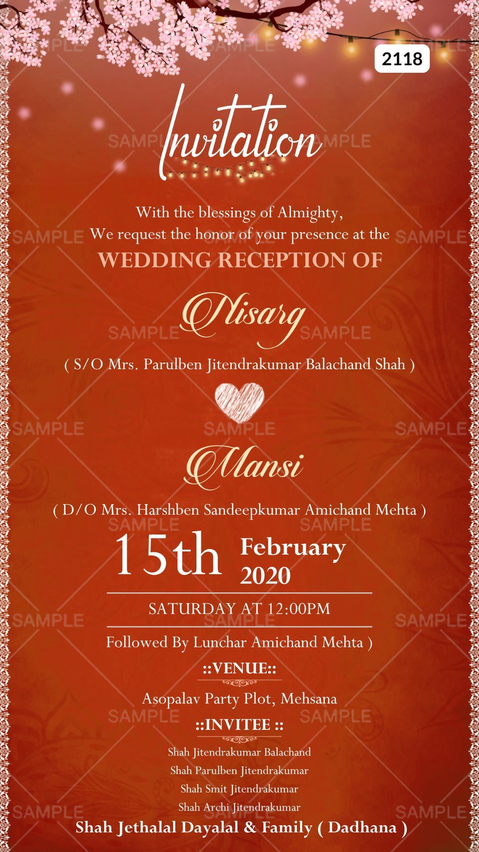Wedding ceremony invitation card Canva Editable Template of hindu gujarati patel family in english language with minimalistic theme Canva Editable Template design 2118