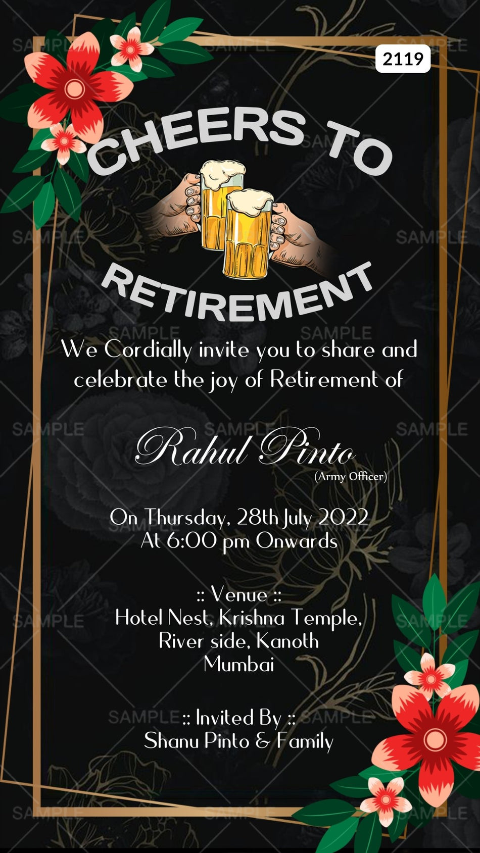 Retirement Party invitation card Canva Editable Template in english language with frame, flowers as floral theme design 2119