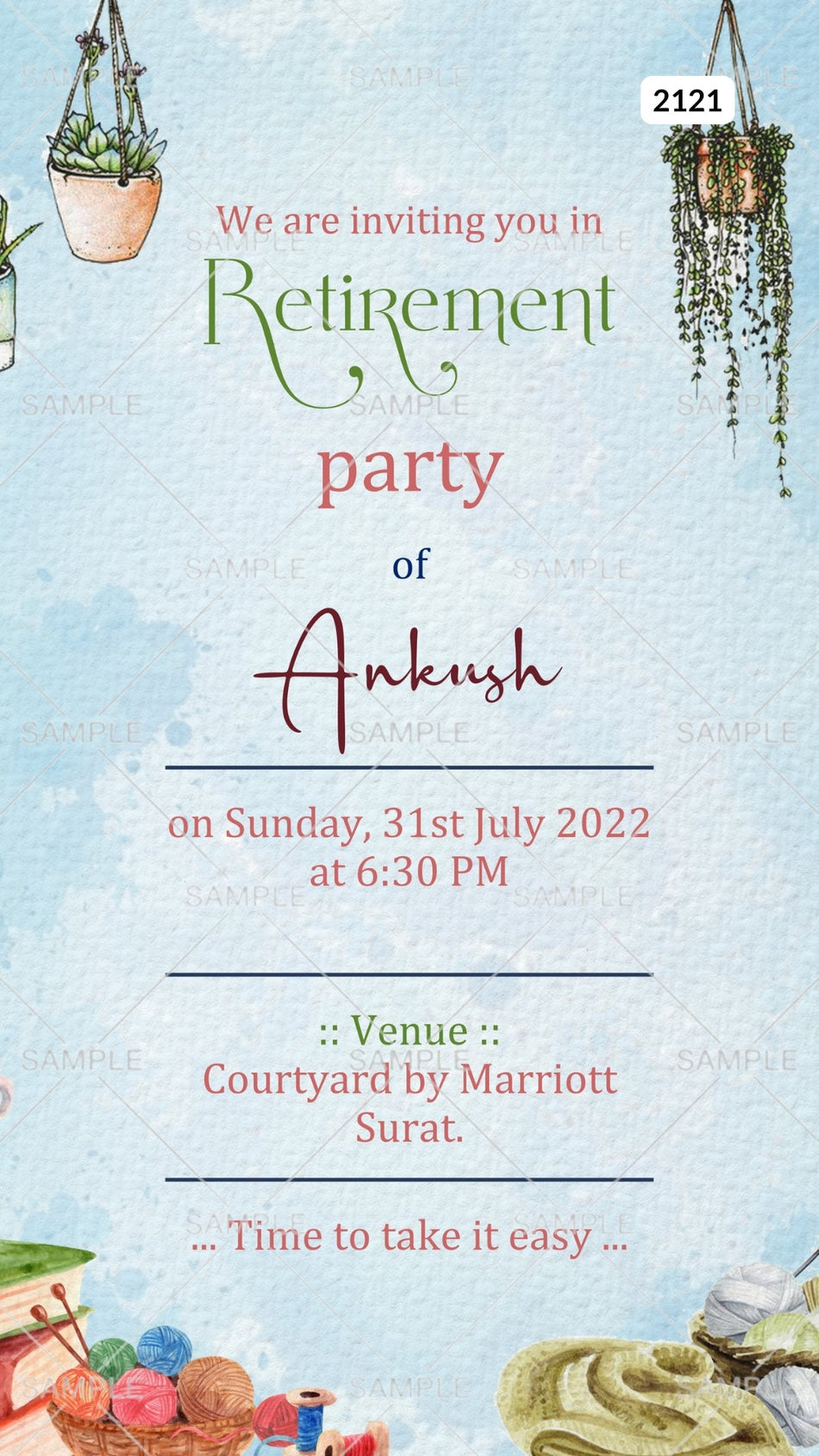 Retirement Party invitation card Canva Editable Template in english language with book, cup, flower pot as minimalistic theme design 2121
