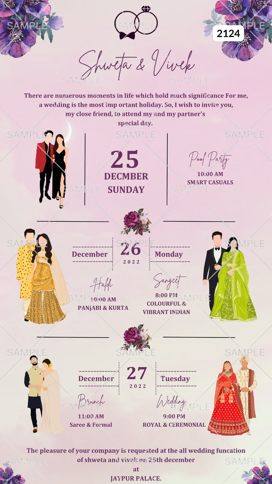Wedding ceremony invitation card Canva Editable Template of hindu rajasthani royal family in english language with floral theme design 2124