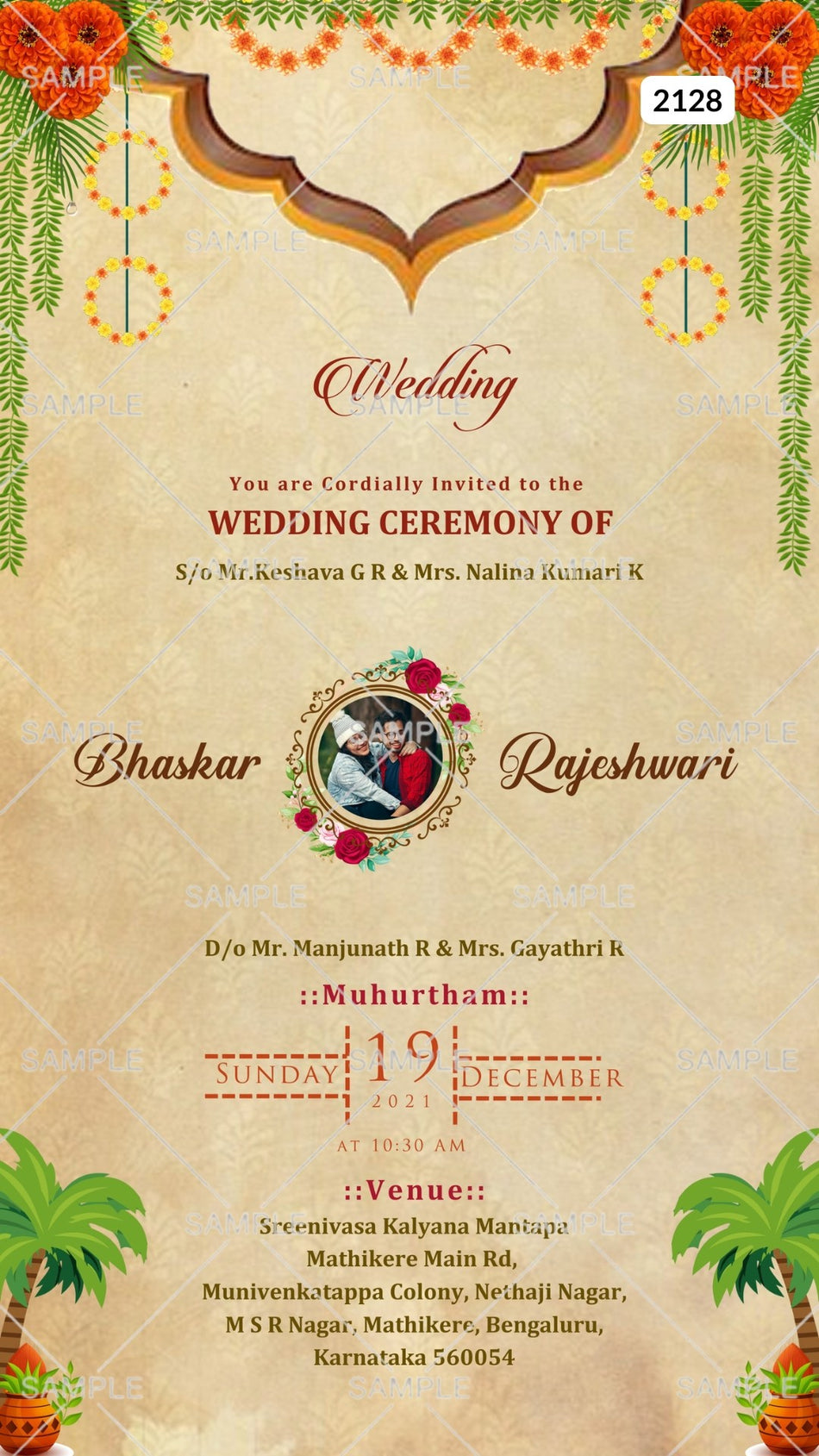 Wedding ceremony invitation card Canva Editable Template of hindu south indian kannada family in english language with couple photo traditional theme design 2128