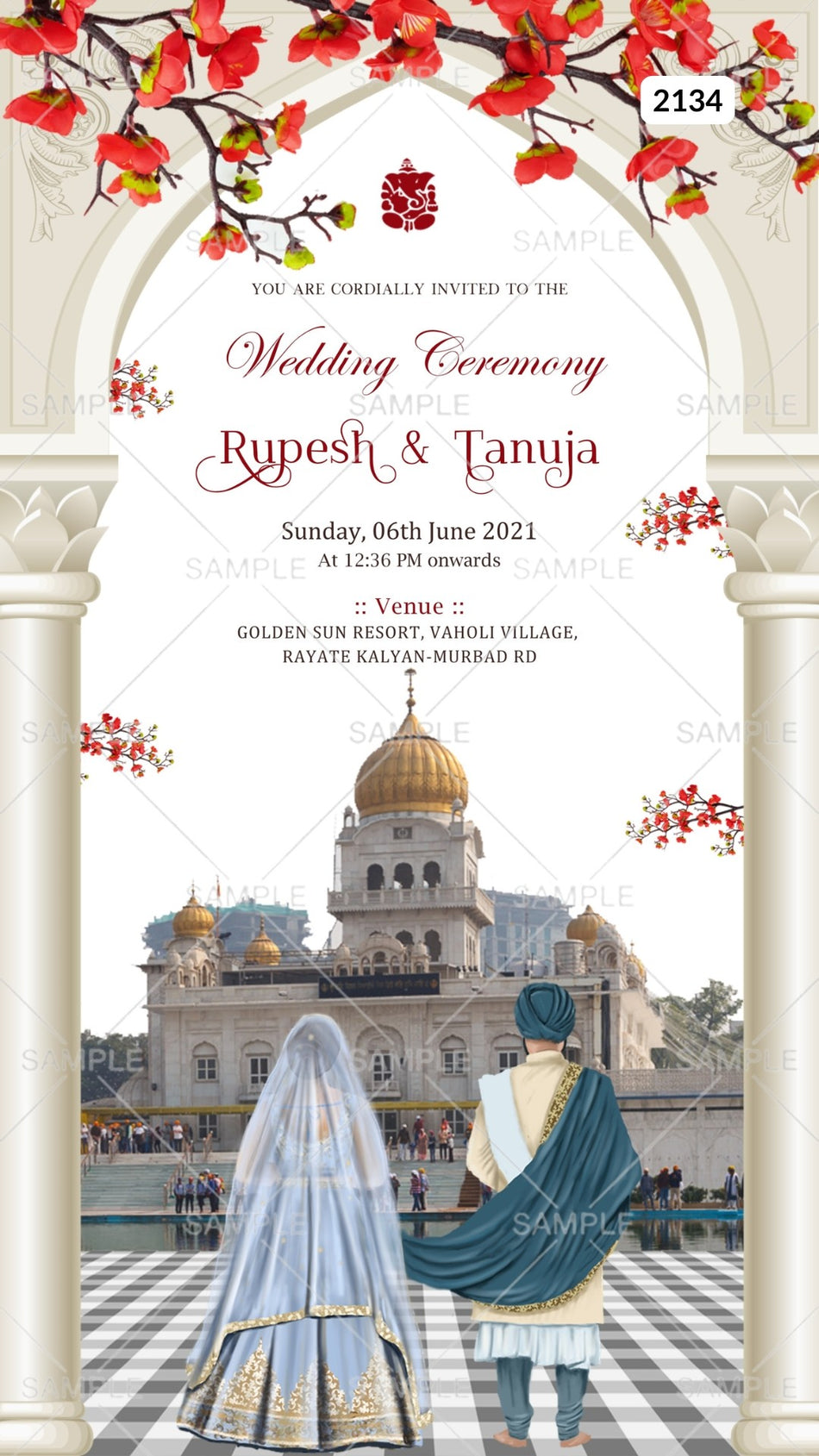 Wedding ceremony invitation card Canva Editable Template of hindu maharashtrian punjabi family in english language with gate theme design 2134