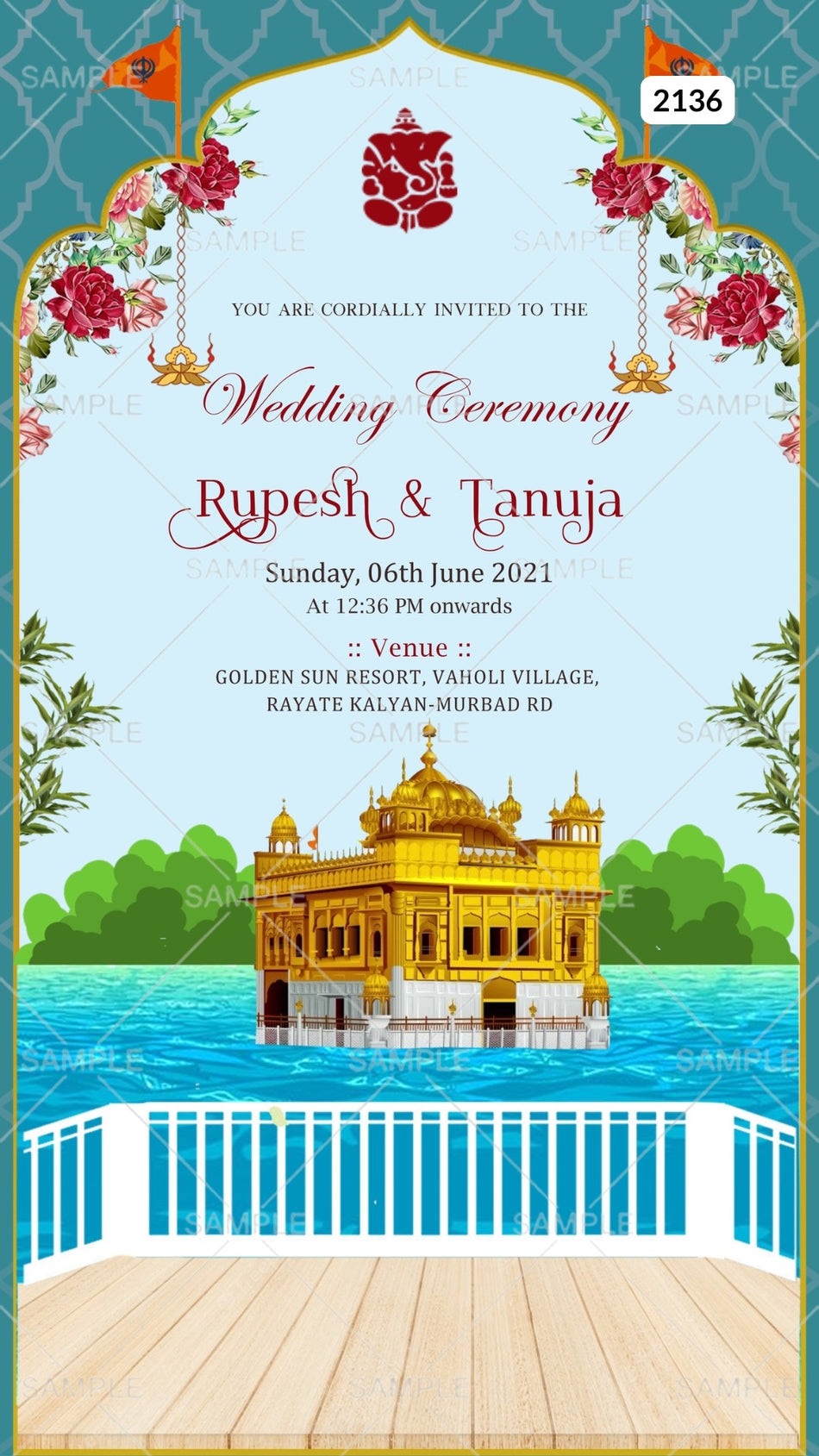 Wedding ceremony invitation card Canva Editable Template of hindu punjabi sikh family in English language with temple theme design 2136
