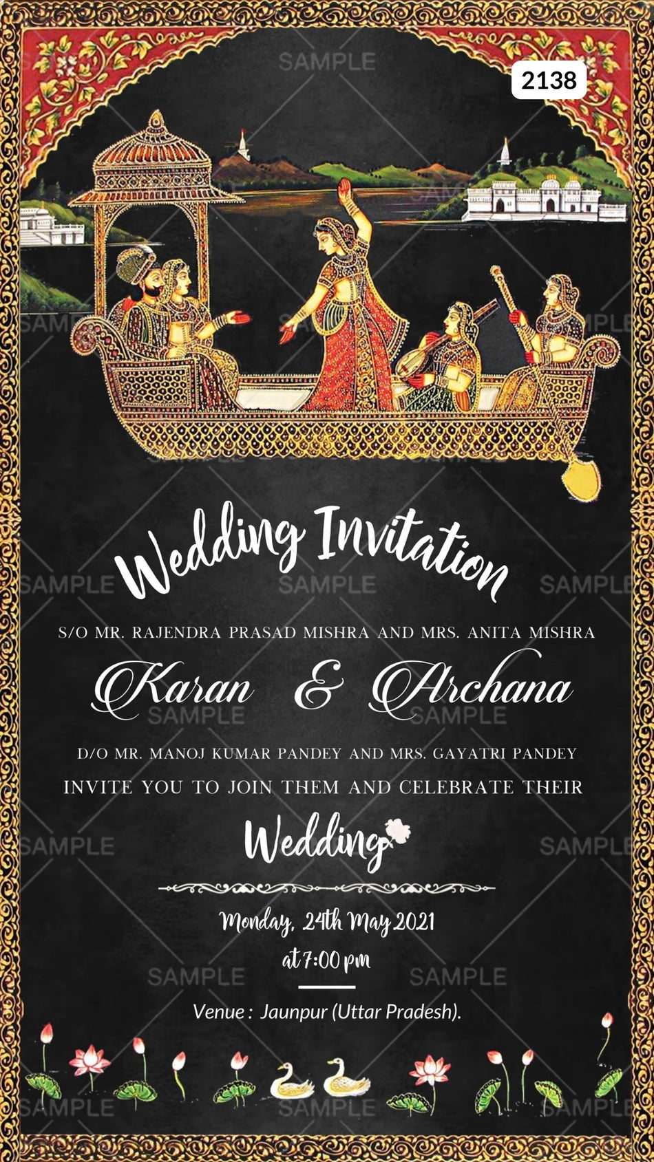 Wedding ceremony invitation card Canva Editable Template of hindu punjabi sikh family in English language with vintage theme design 2138