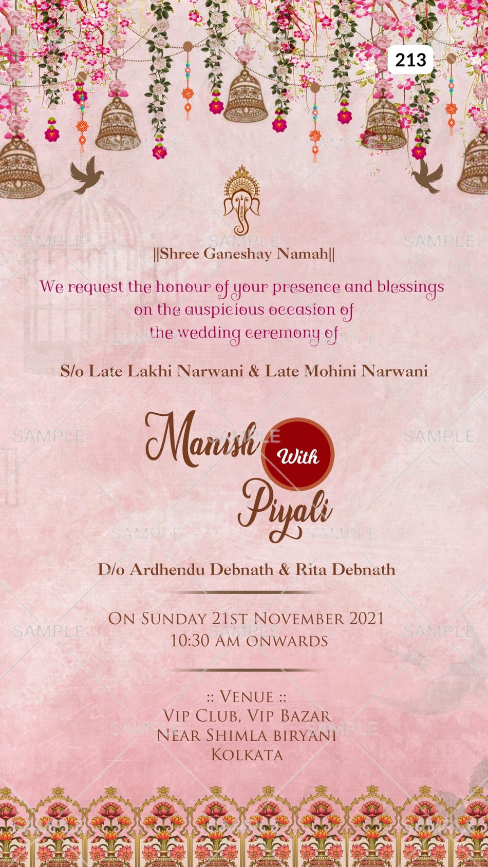 Wedding ceremony invitation card Canva Editable Template of hindu west bengal bengali family in english language with Traditional theme design 213
