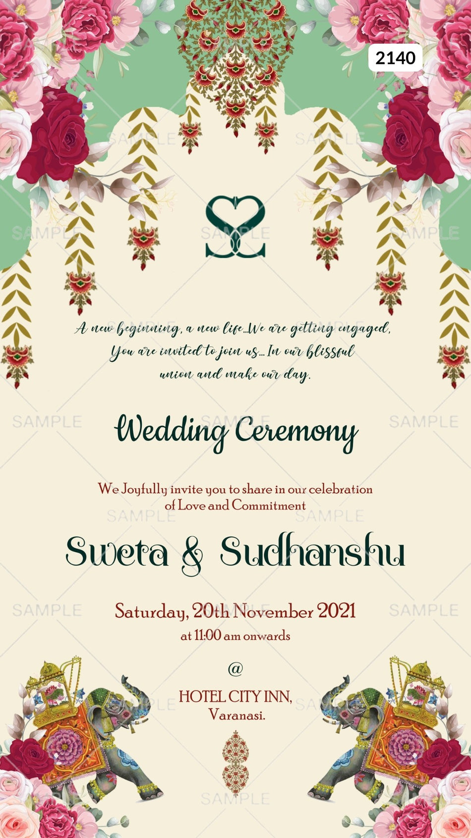 Wedding ceremony invitation card Canva Editable Template of hindu punjabi sikh family in English language with floral theme design 2140