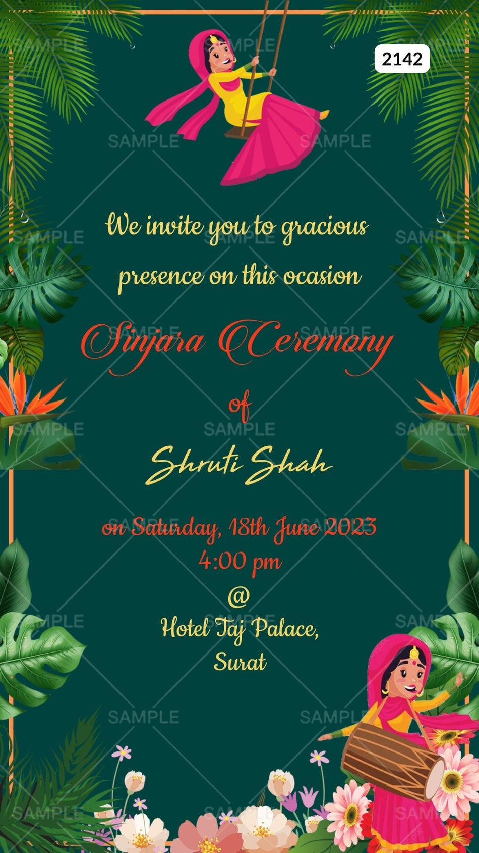 Sinjara ceremony invitation card Canva Editable Template in english language with girl doodle, boho leaves as floral theme design 2142