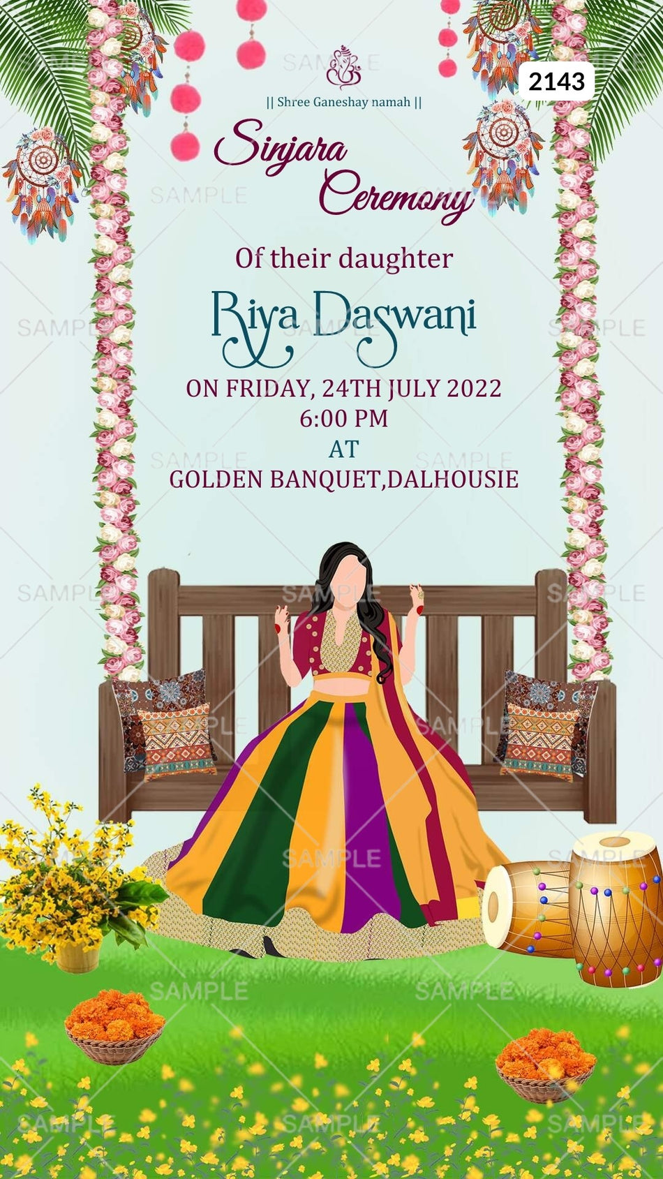 Sinjara ceremony invitation card Canva Editable Template in english language with girl doodle, leaves as garden theme design 2143