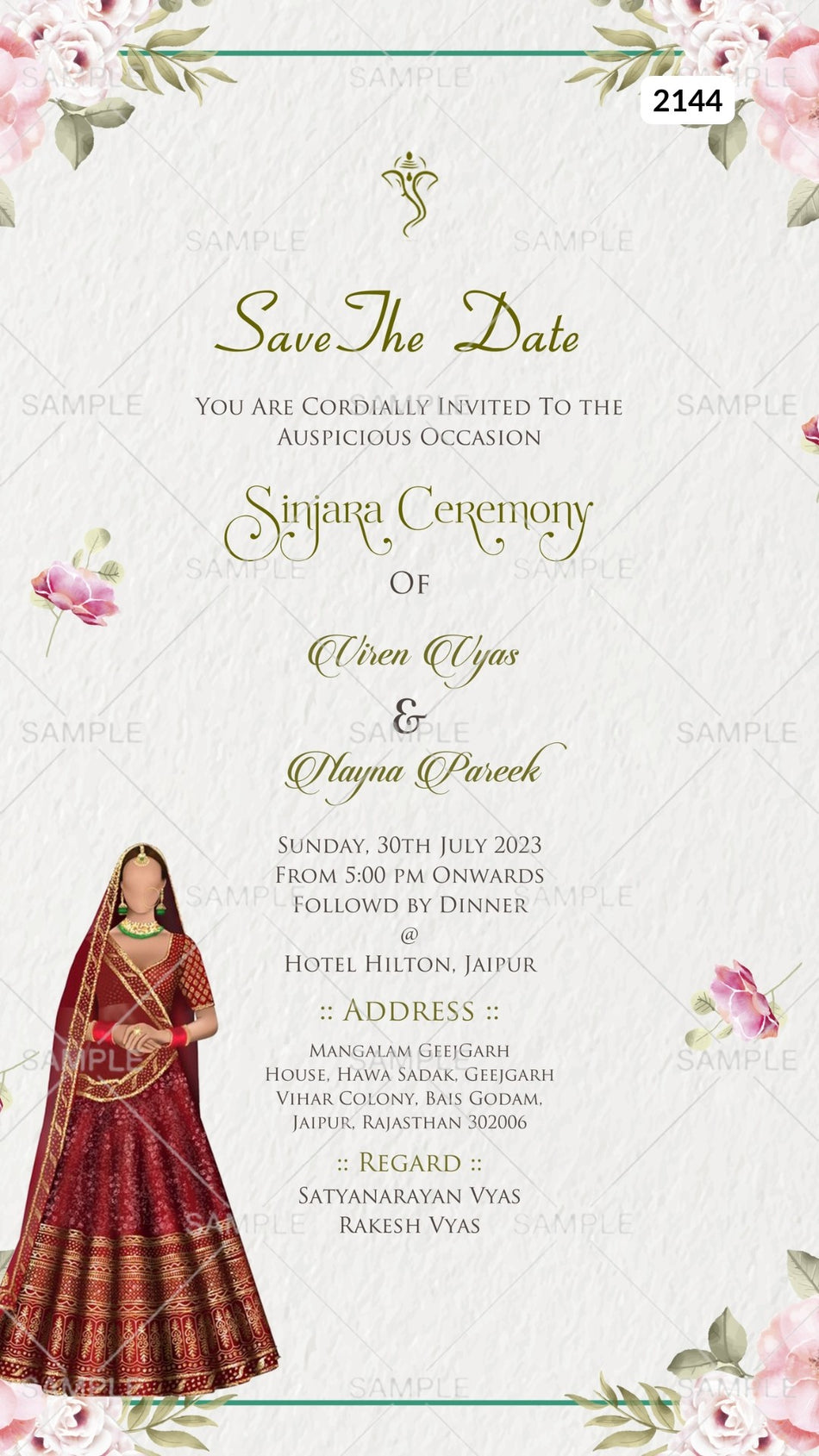 Sinjara ceremony invitation card Canva Editable Template in english language with girl doodle, flowers as floral theme design 2144