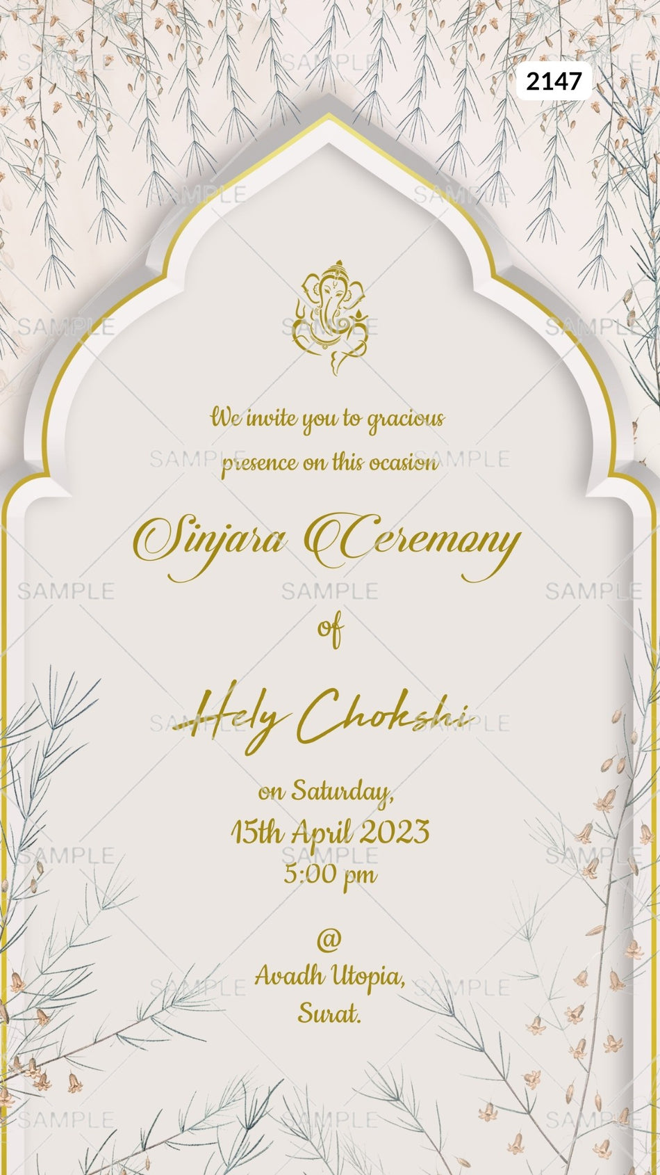 Sinjara ceremony invitation card Canva Editable Template in english language with leaves as arch theme design 2147