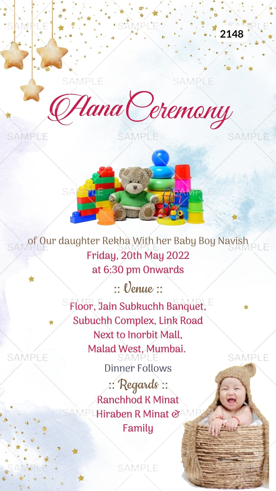 Aana ceremony invitation card Canva Editable Template in english language with toys, baby image as playful theme design 2148