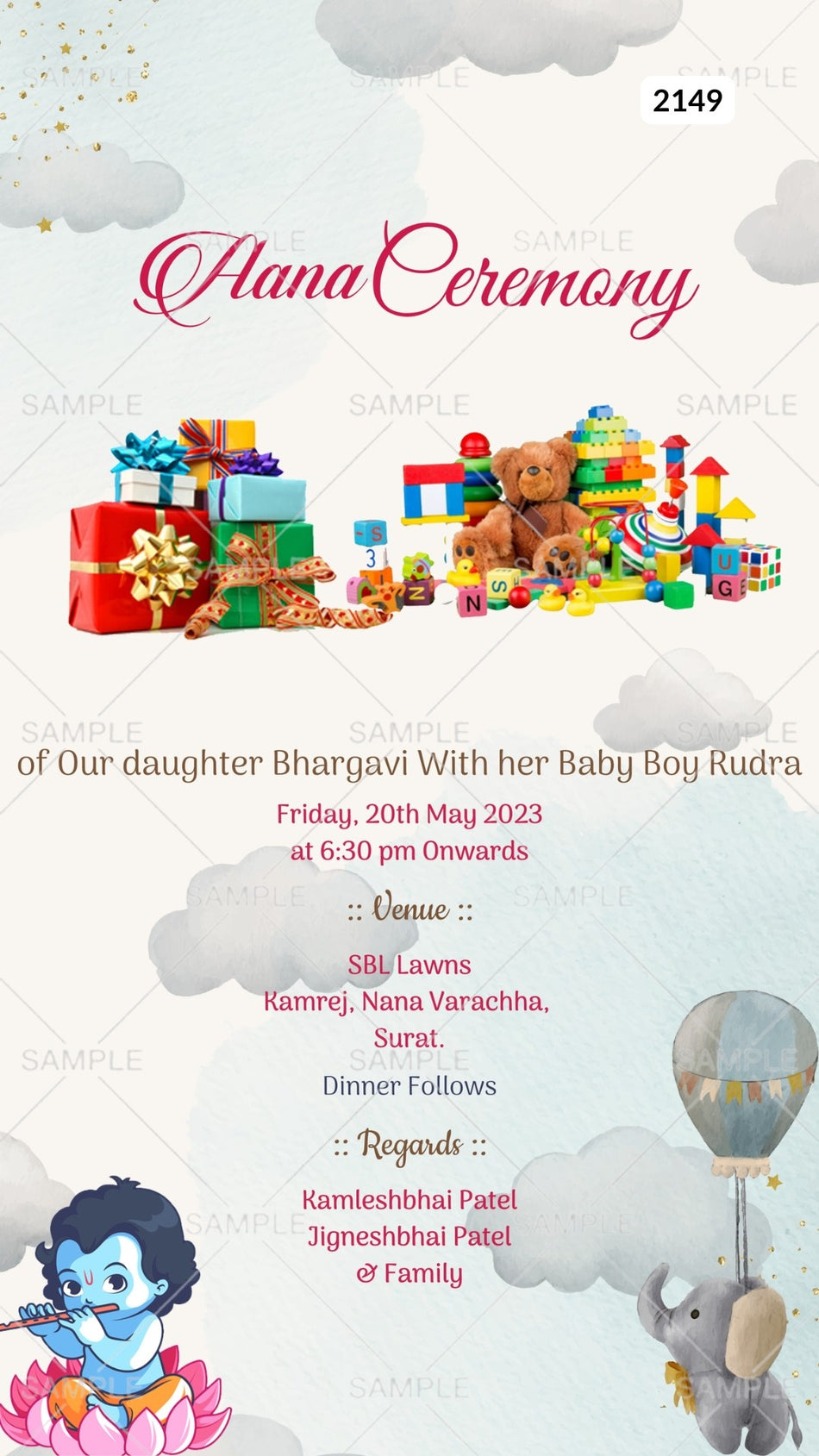 Aana ceremony invitation card Canva Editable Template in english language with krishna doodle, toys as playful theme design 2149