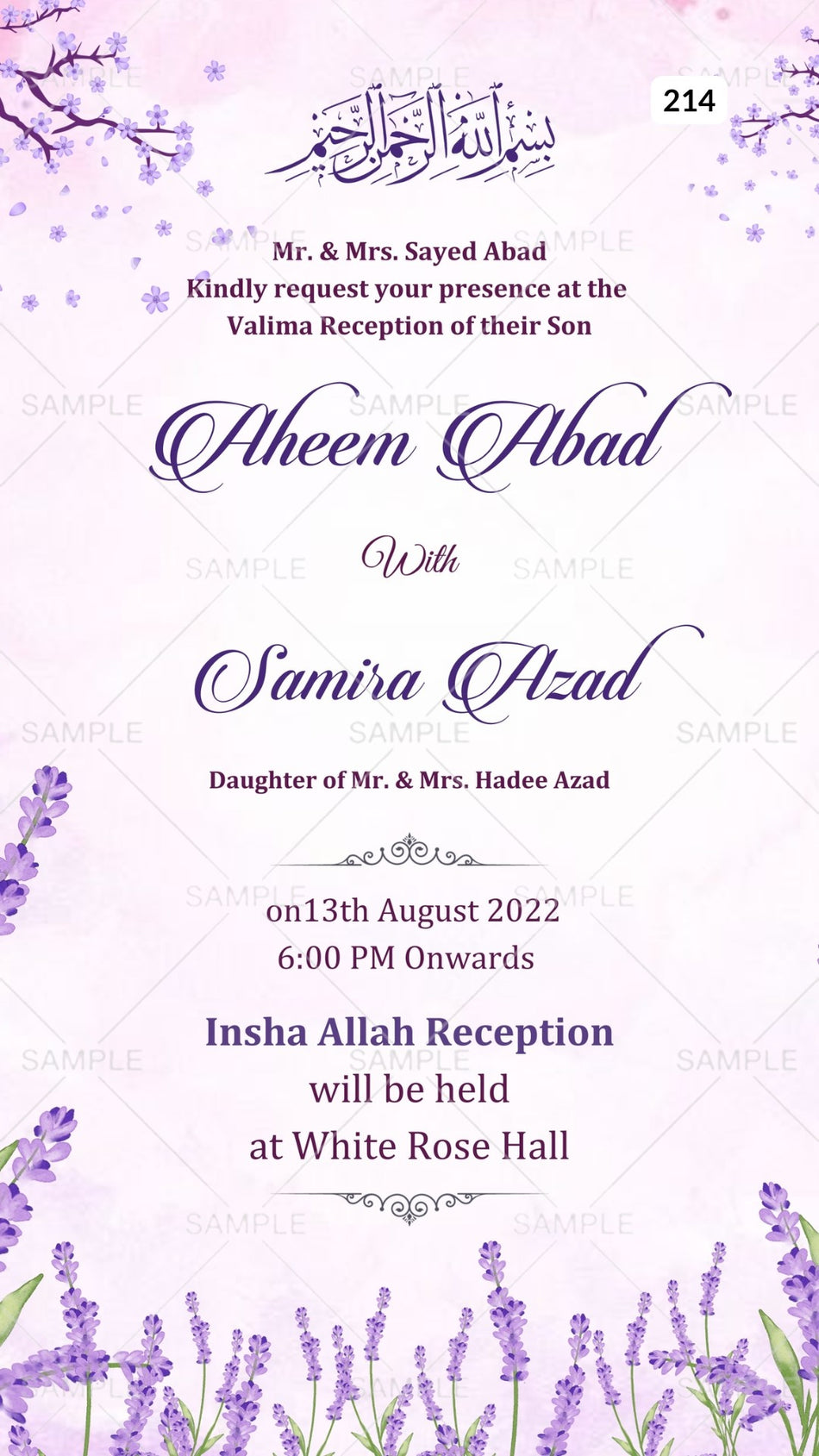 Reception Party invitation card Canva Editable Template in english language with floral theme design 214