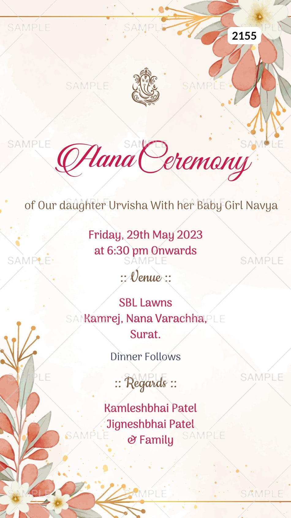 Aana ceremony invitation card Canva Editable Template in english language with flowers, leaves as floral theme design 2155