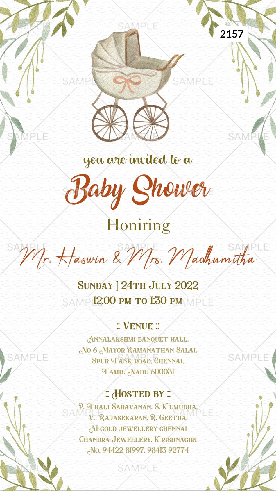 Baby Shower ceremony invitation card Canva Editable Template in english language with baby roller as artistic leaves theme design 2157