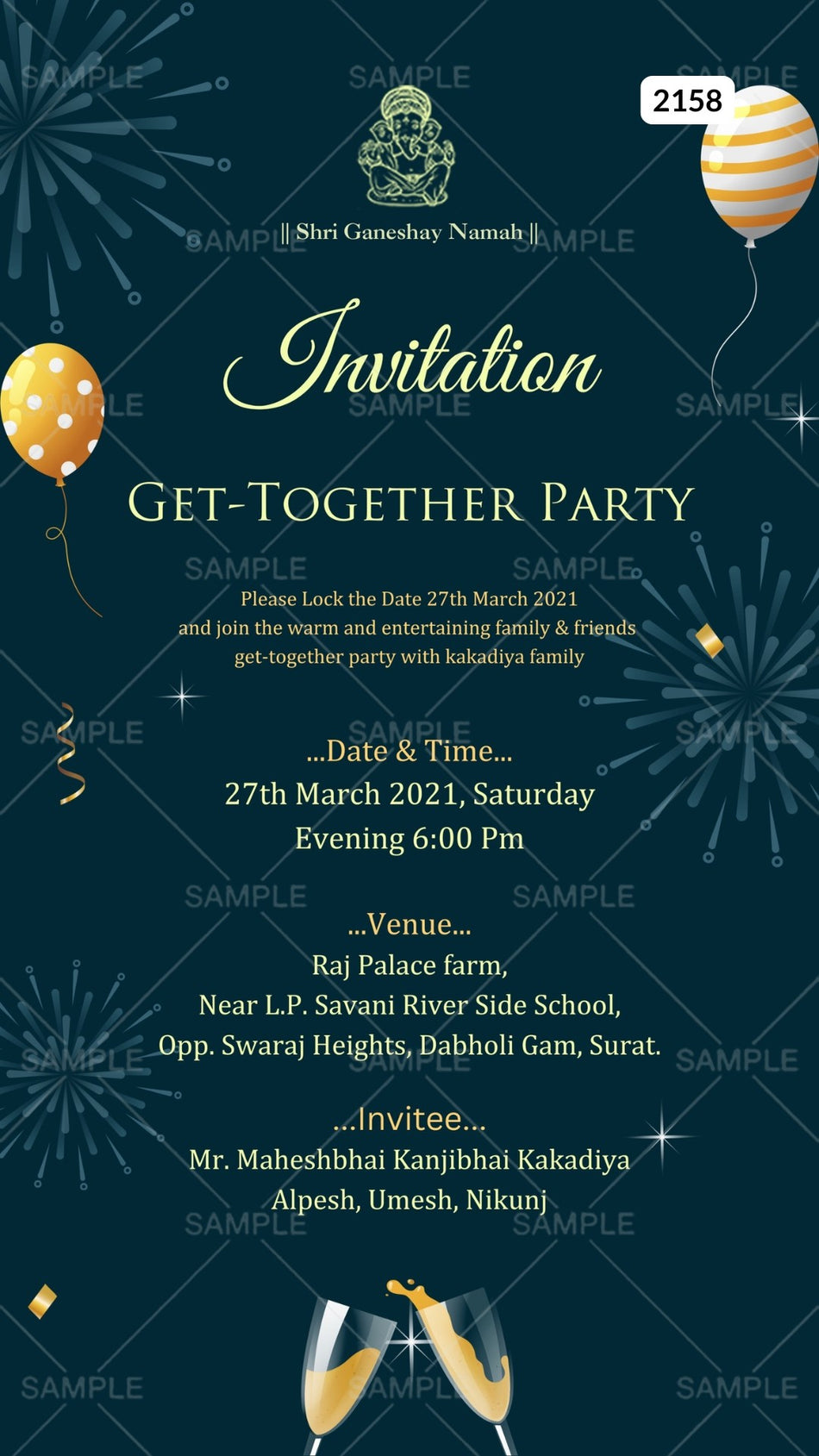Get Together Party invitation card Canva Editable Template in english language with crackers, champagne glass as balloons theme design 2158