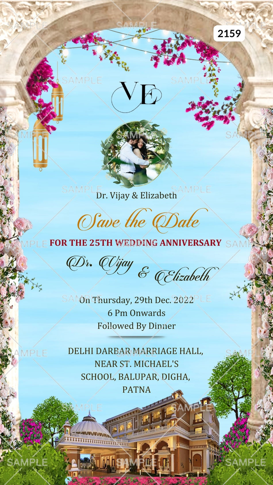 25th Wedding Anniversary invitation card Canva Editable Template in English language with coupe photo, flowers, palace as gate theme design 2159