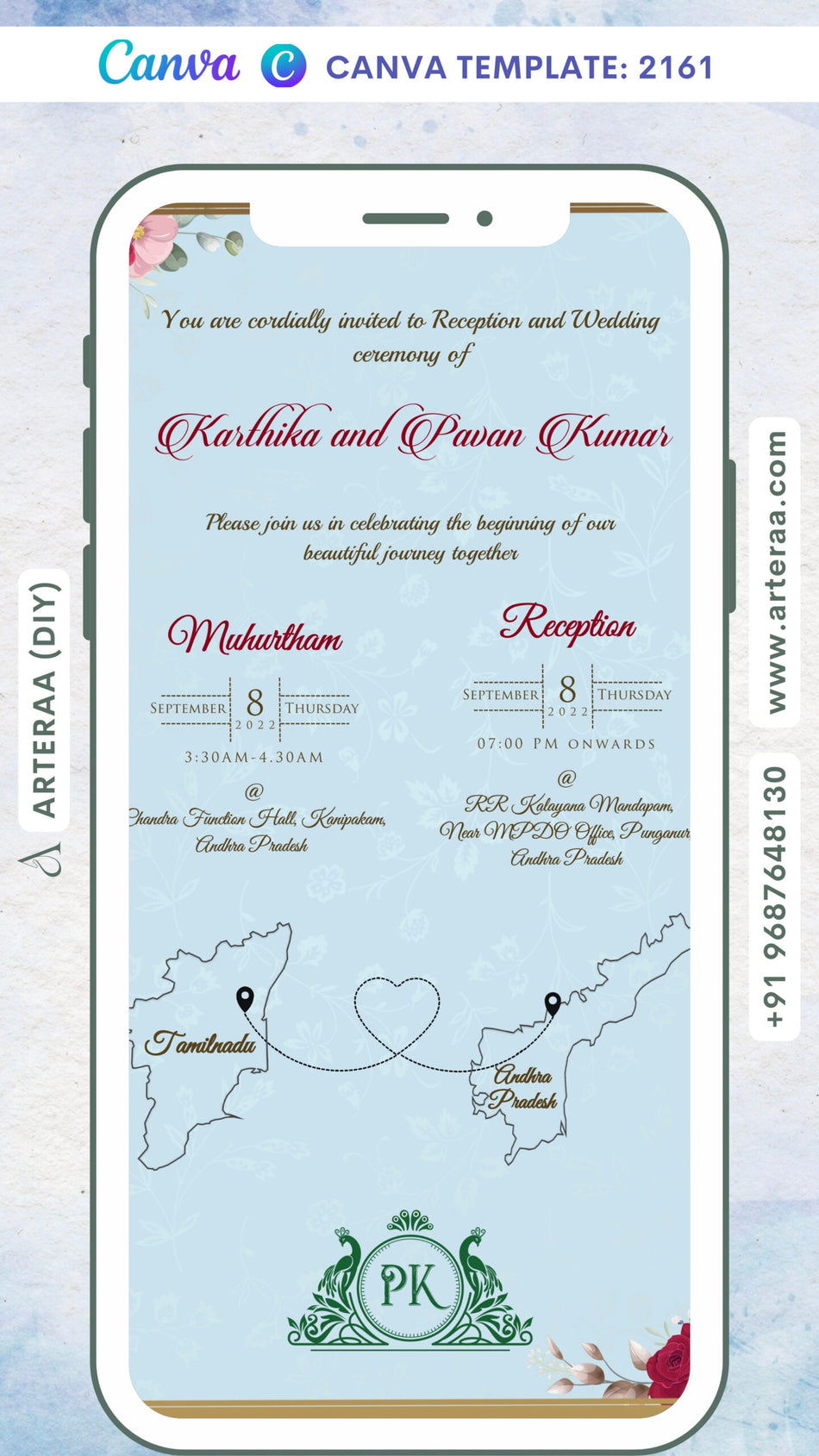 Wedding ceremony invitation card Canva Editable Template of hindu south indian telugu family in english language with two state theme design 2161