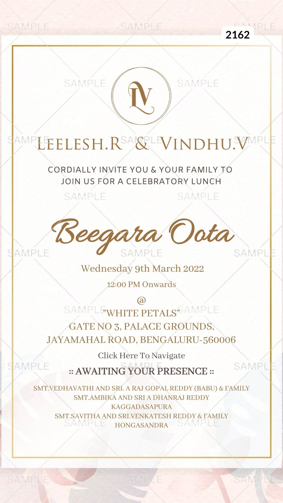 Beegara oota invitation card Canva Editable Template in english language with couple logo, frame as minimalistic theme design 2162