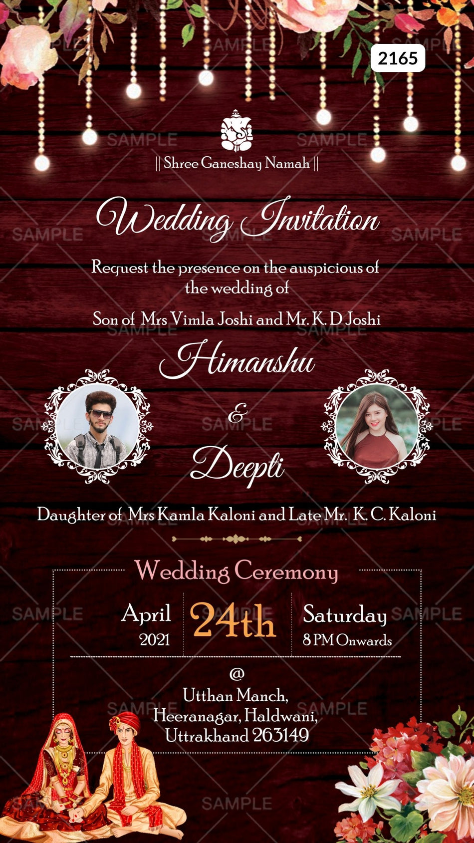 Wedding ceremony invitation card Canva Editable Template of hindu north indian family in english language with wooden couple pohoto theme design 2165