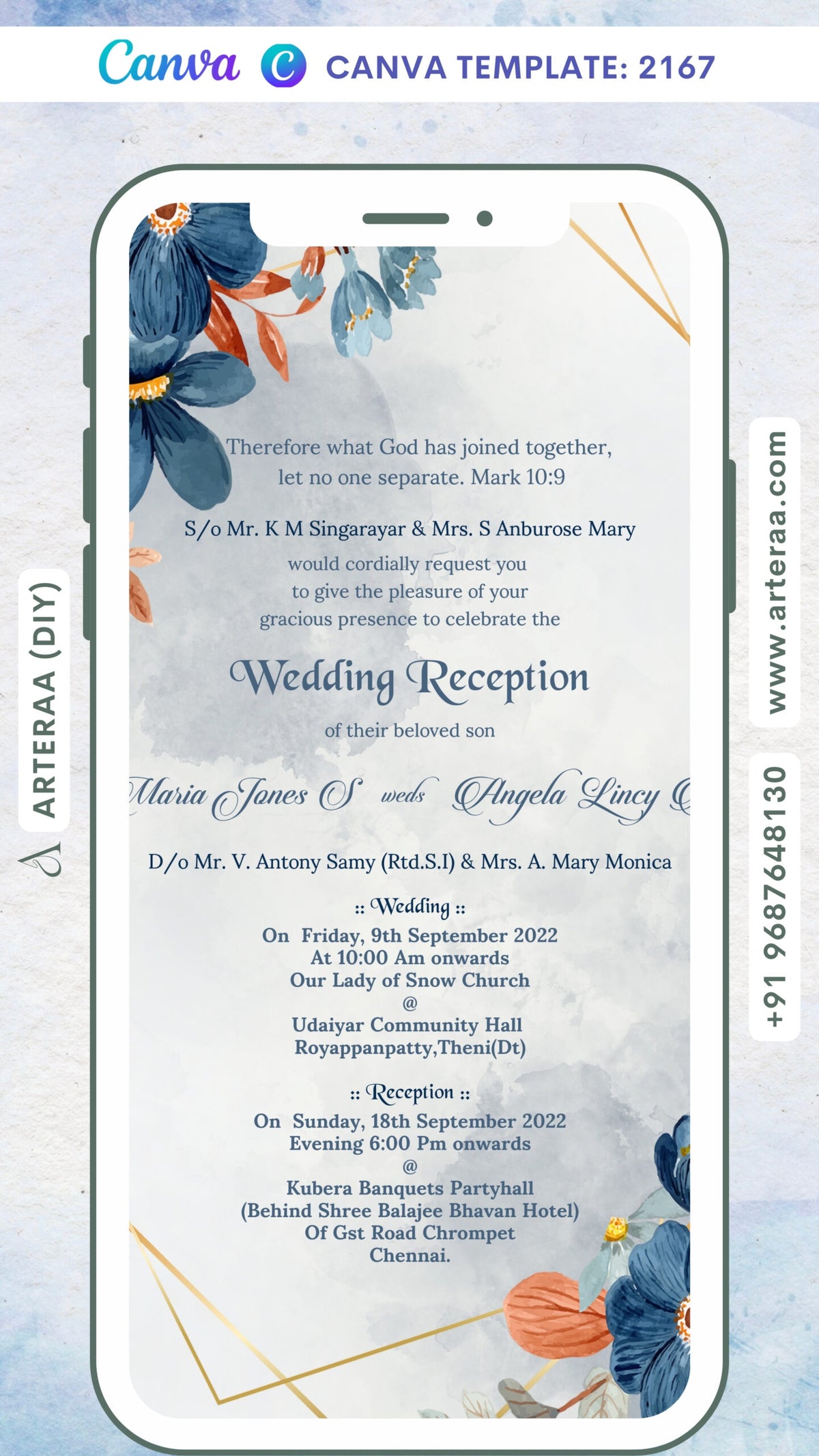 Bible verse Christian wedding ceremony invitation card Canva Editable Template of Catholic church family in english language with Artistic flowers theme design 2167