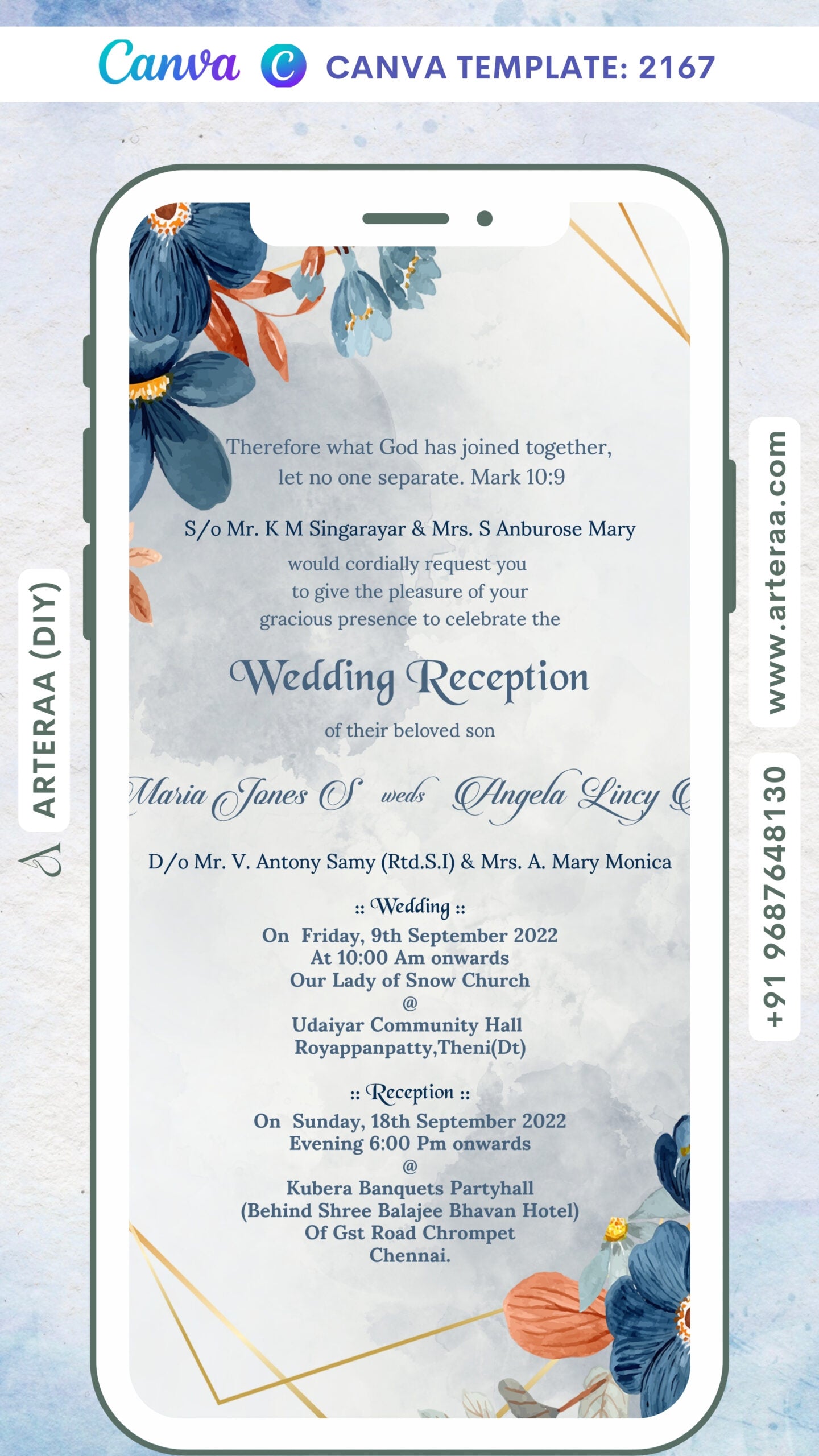 Bible verse Christian wedding ceremony invitation card Canva Editable Template of Catholic church family in english language with Artistic flowers theme design 2167
