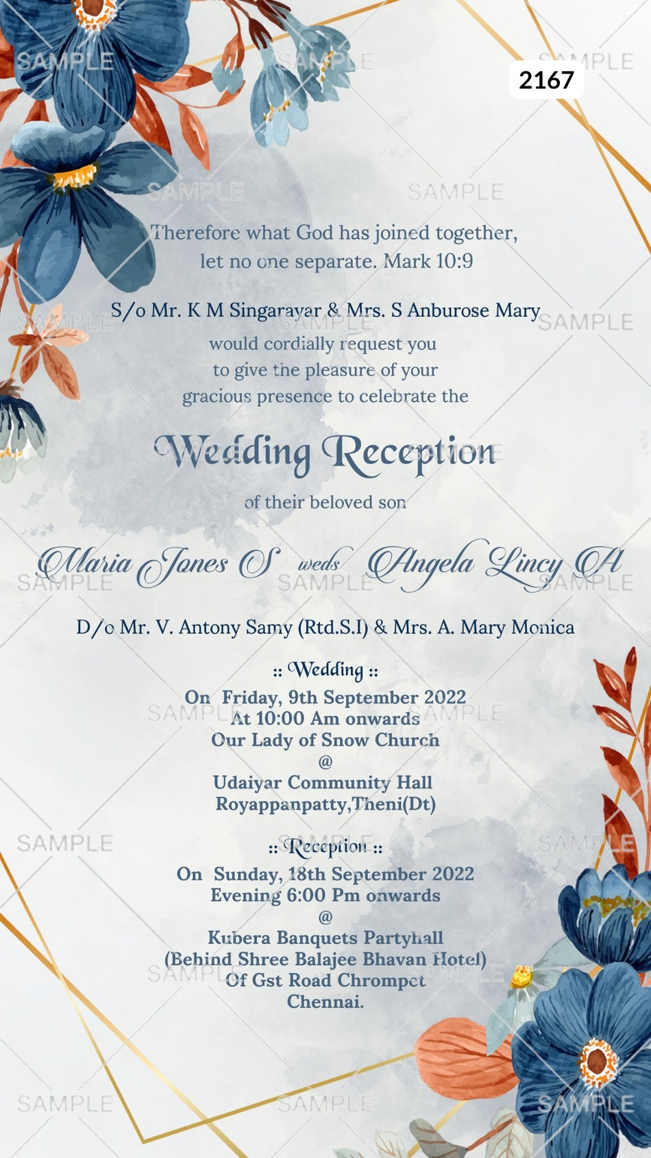 Bible verse Christian wedding ceremony invitation card Canva Editable Template of Catholic church family in english language with Artistic flowers theme design 2167