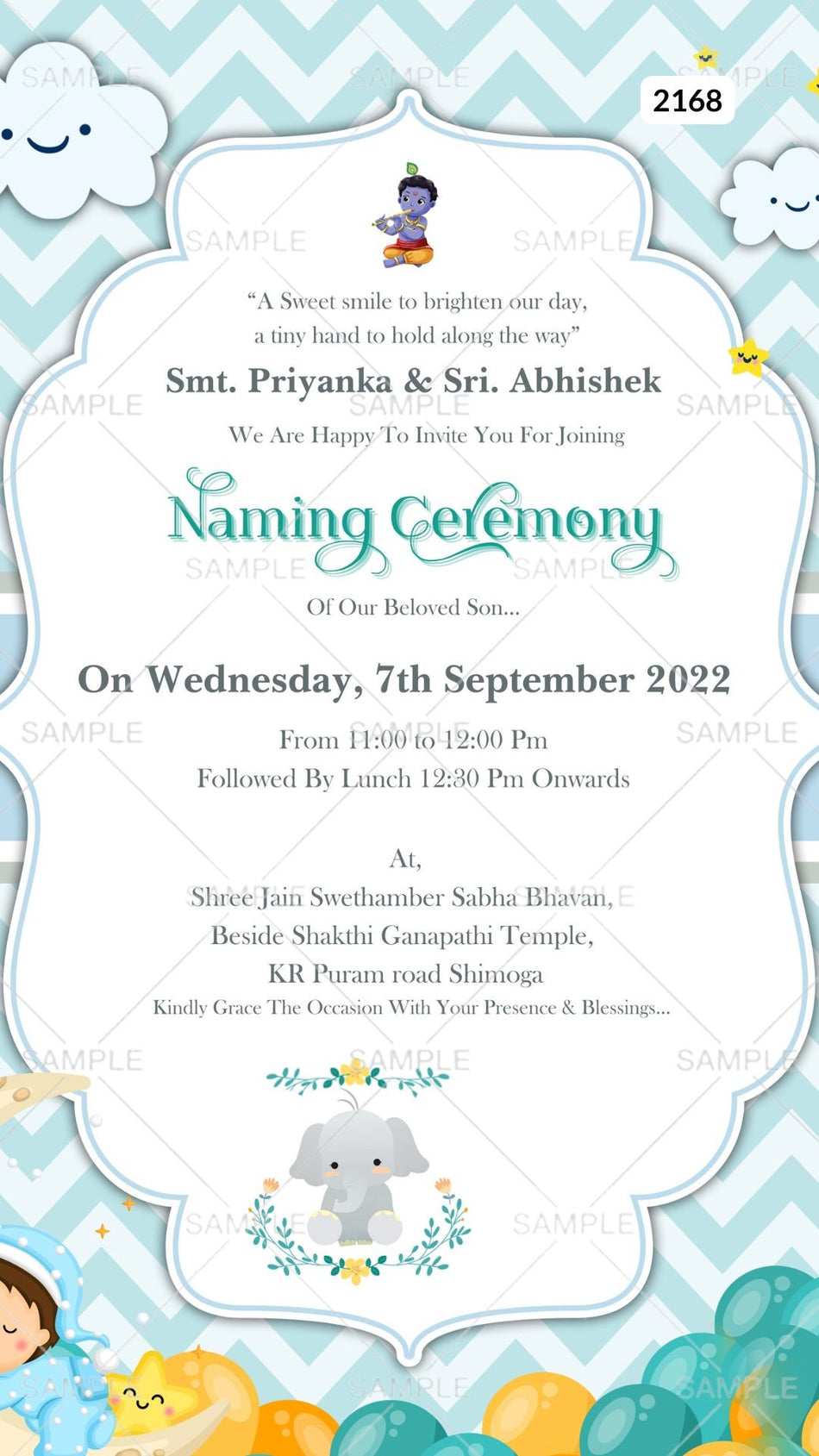 Baby Naming ceremony invitation card Canva Editable Template in english language with cloud, baby doodle, balloon, elephant as arch theme design 2168