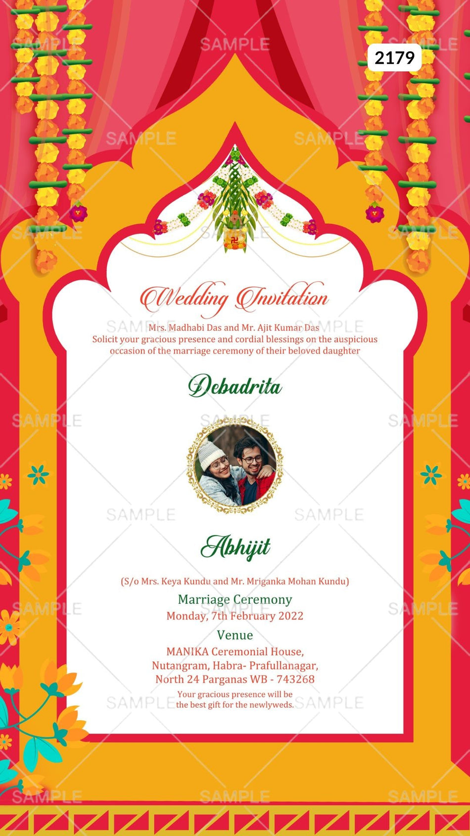 Wedding ceremony invitation card Canva Editable Template of hindu west bengal bengali family in english language with arch theme design 2179