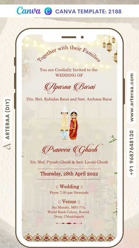 Wedding ceremony invitation card Canva Editable Template of hindu Bengali family in english language with Radha krishna theme design 2188