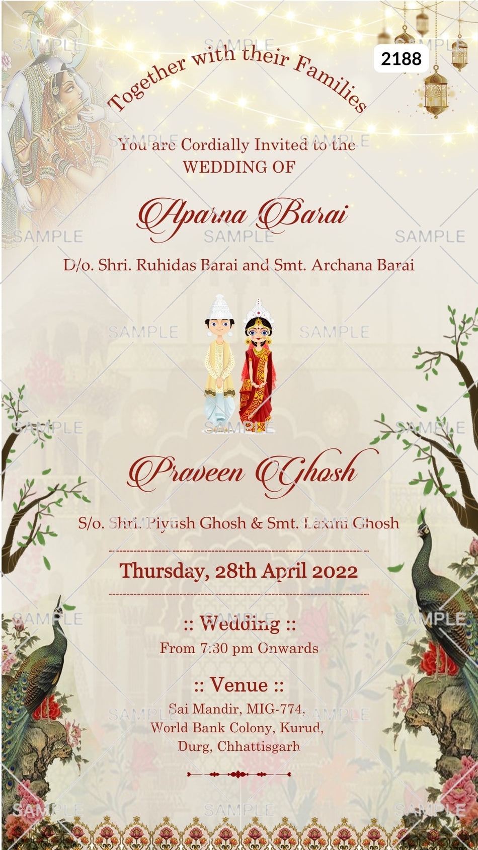 Wedding ceremony invitation card Canva Editable Template of hindu Bengali family in english language with Radha krishna theme design 2188