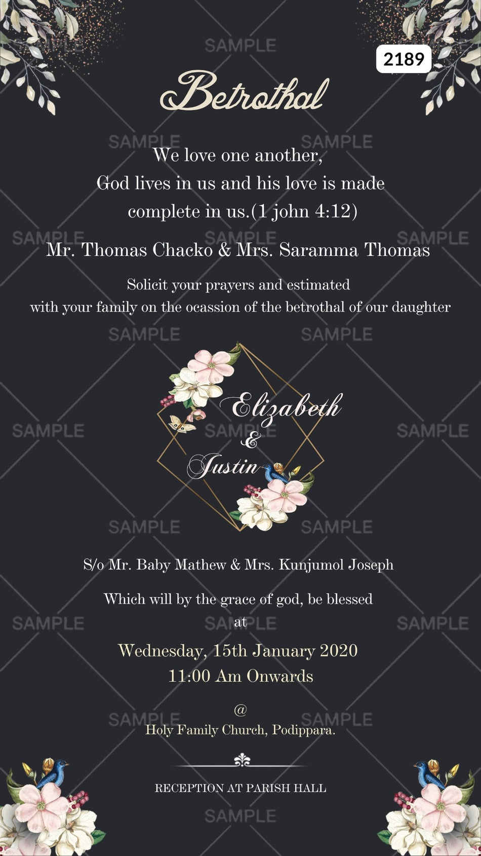 Betrothal ceremony invitation card Canva Editable Template for Catholic family in english language with frame, flowers as minimalistic theme design 2189