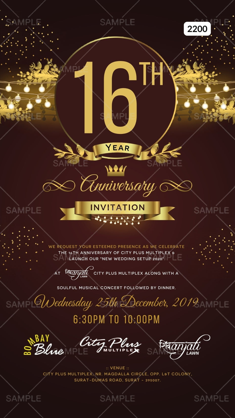16th Wedding Anniversary invitation card Canva Editable Template in English language with frame, string lights as glittery theme design 2200