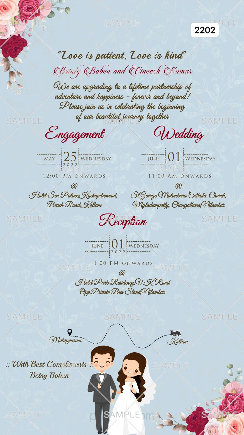 Wedding ceremony invitation card Canva Editable Template of hindu south indian malayali family in english language with two state theme design 2202