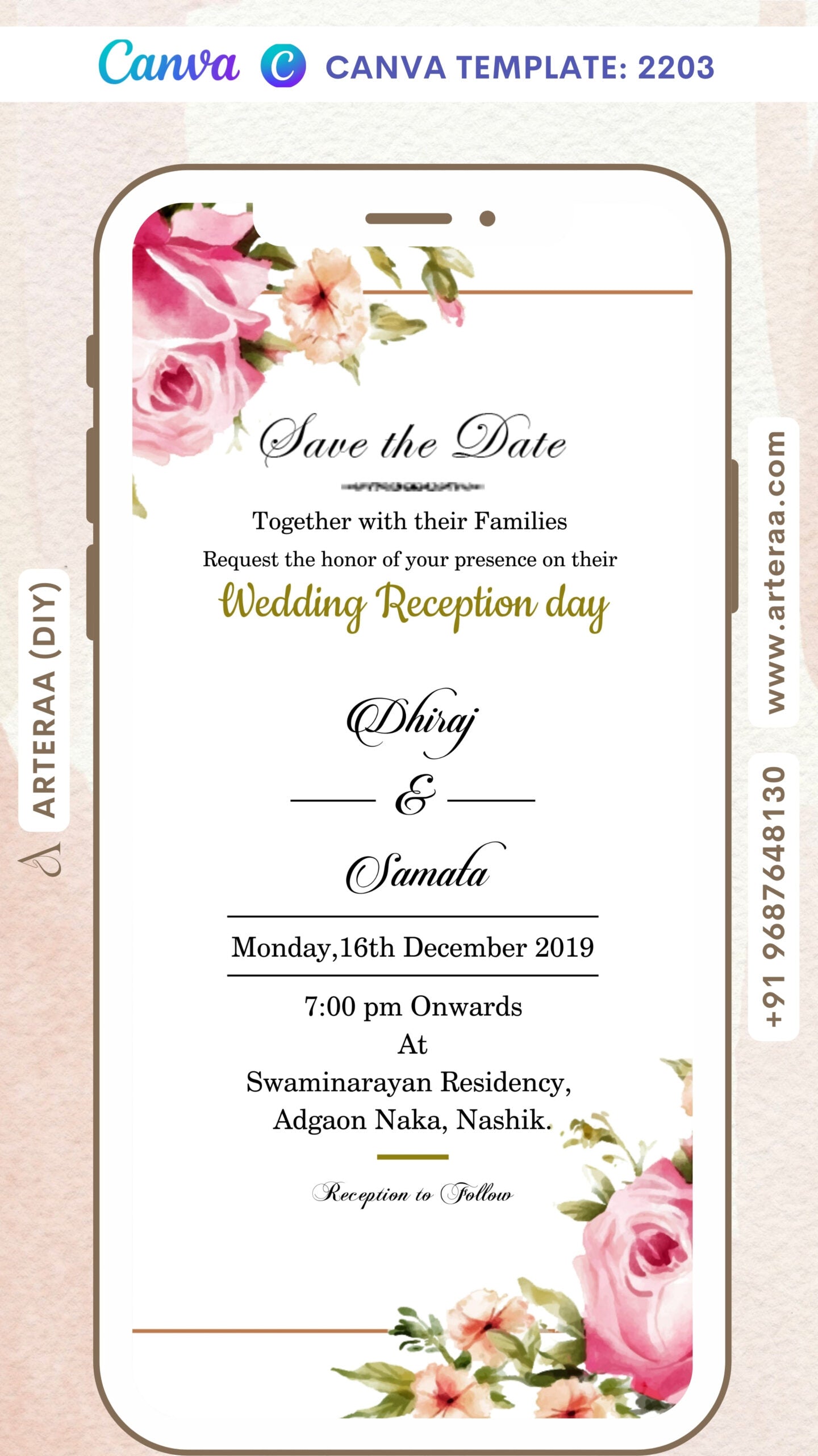 Reception Party invitation card Canva Editable Template in english language with flowers as floral theme design 2203