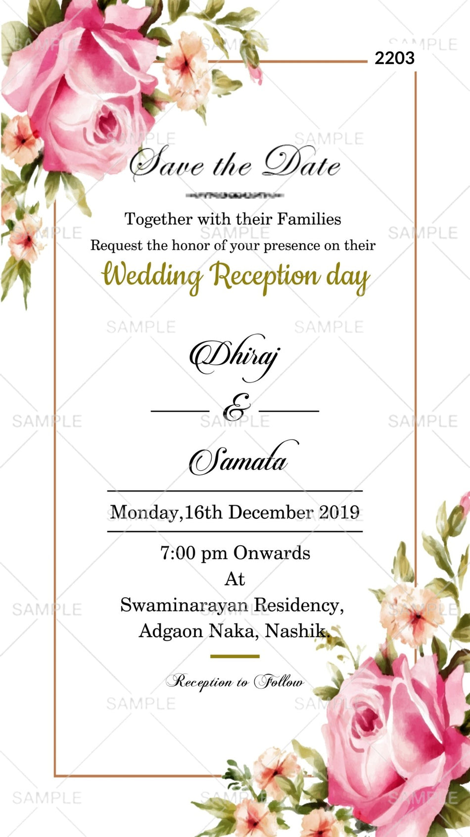 Reception Party invitation card Canva Editable Template in english language with flowers as floral theme design 2203