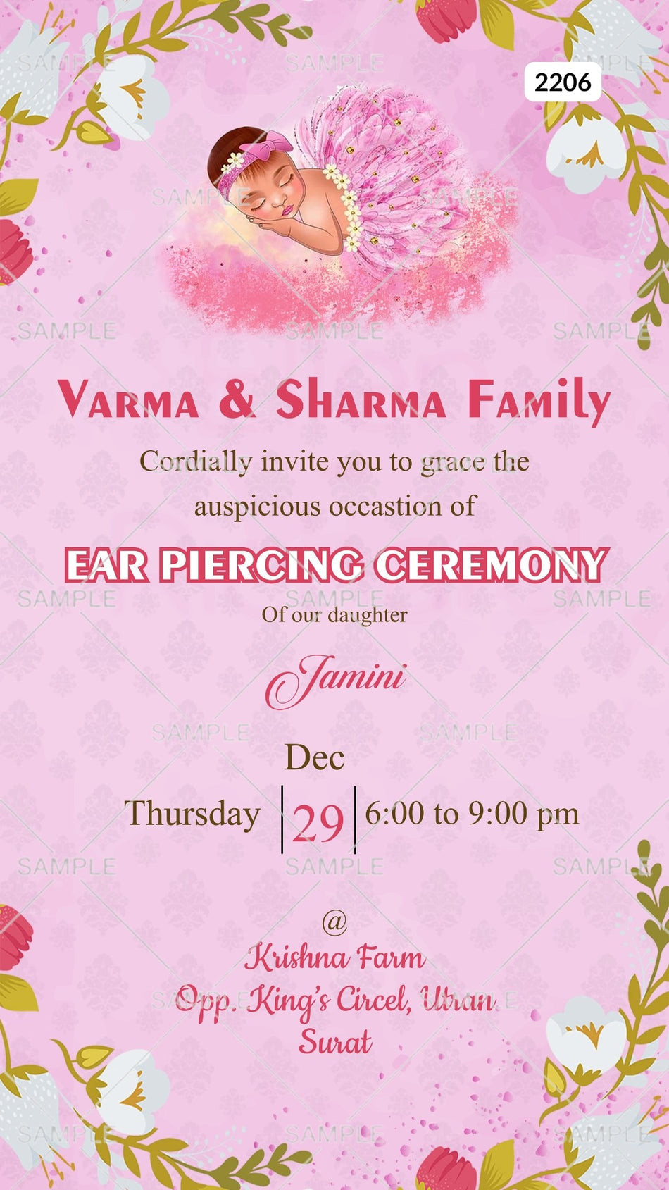 Digital Ear Piercing Ceremony Invitation Of Indian Family In English Language With Floral Theme Canva Editable Template Design No. 2206