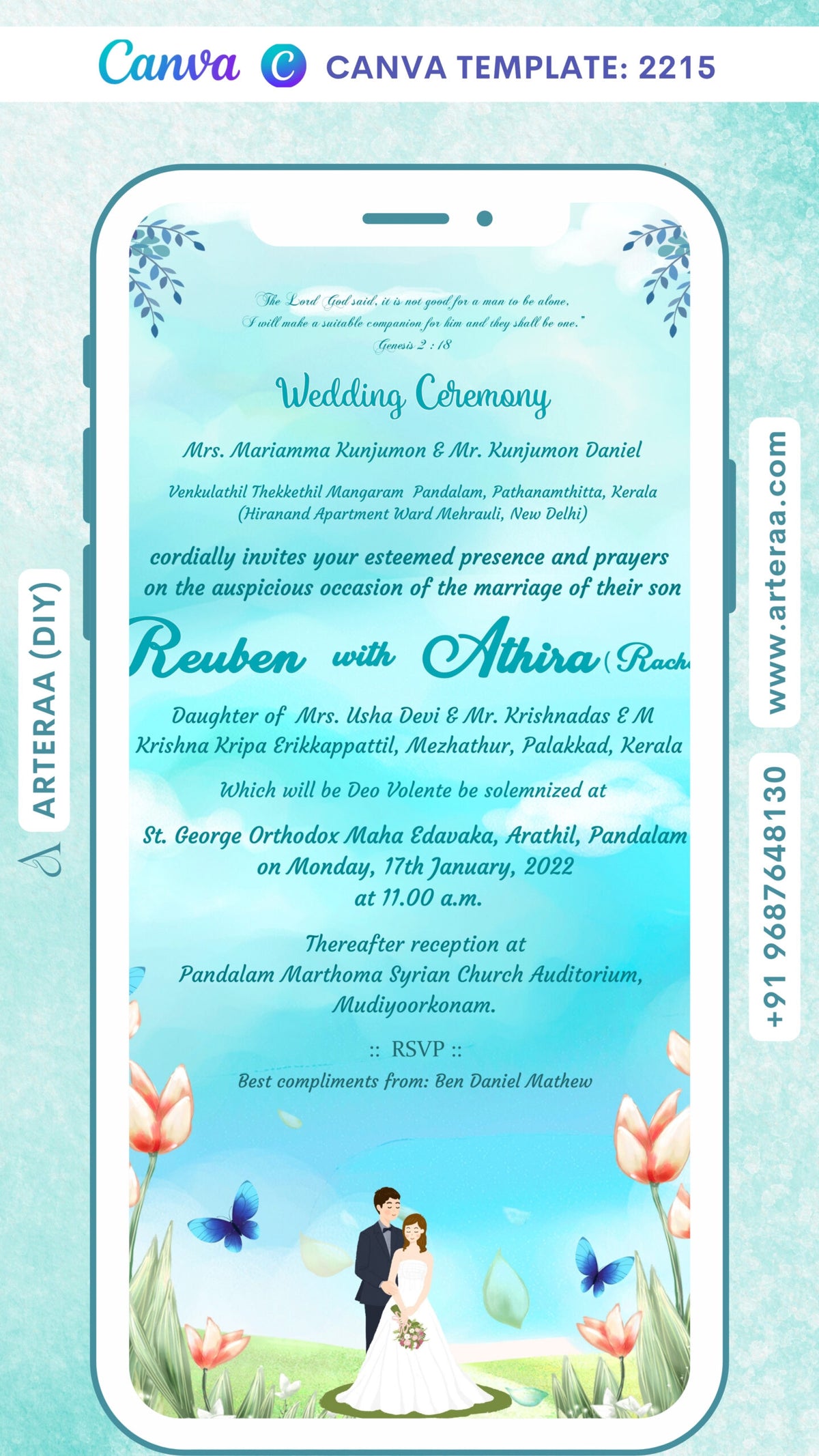 Bible verse Christian wedding ceremony invitation card Canva Editable Template of Catholic church family in english language with Garden theme design 2215
