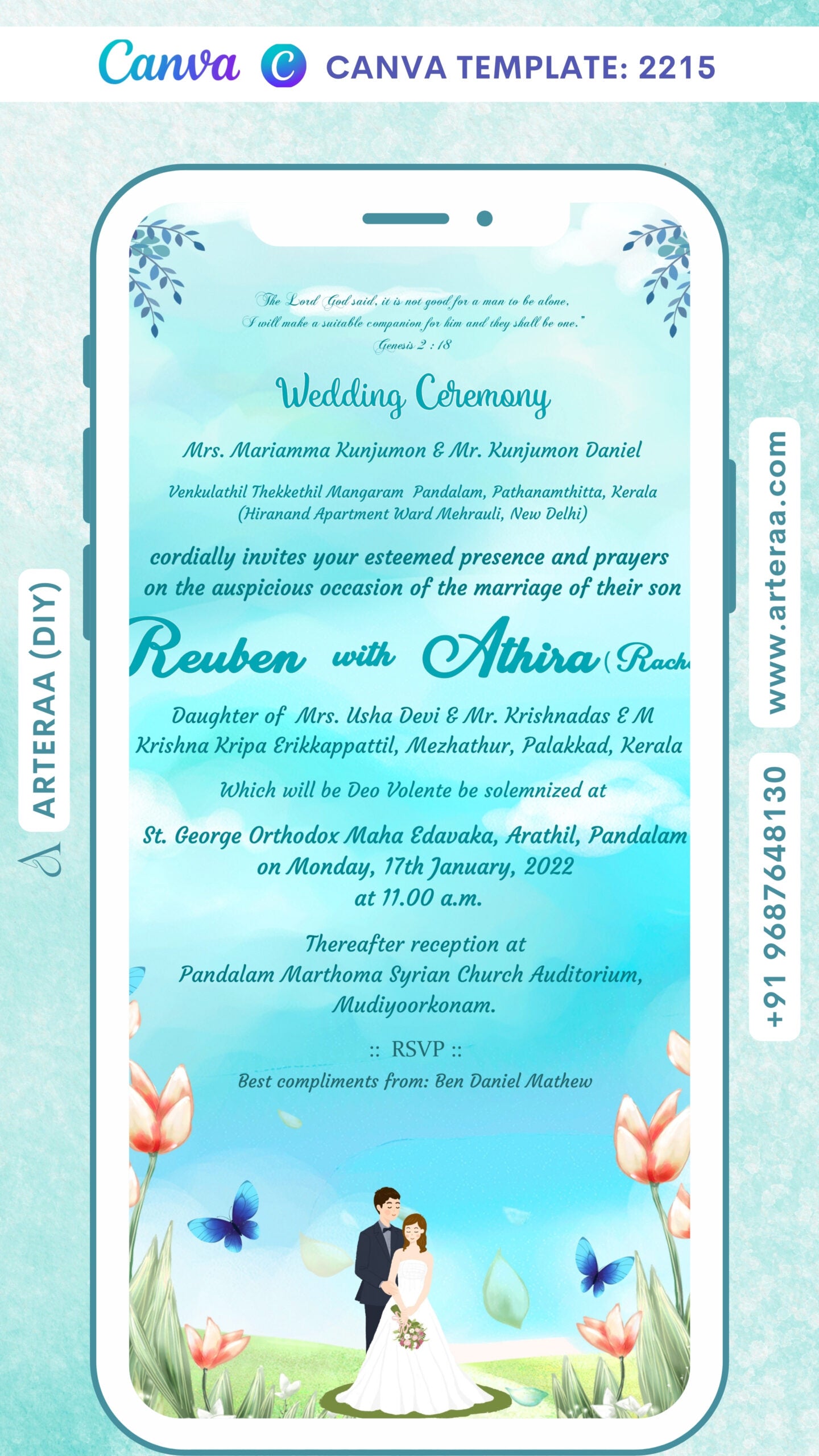 Bible verse Christian wedding ceremony invitation card Canva Editable Template of Catholic church family in english language with Garden theme design 2215