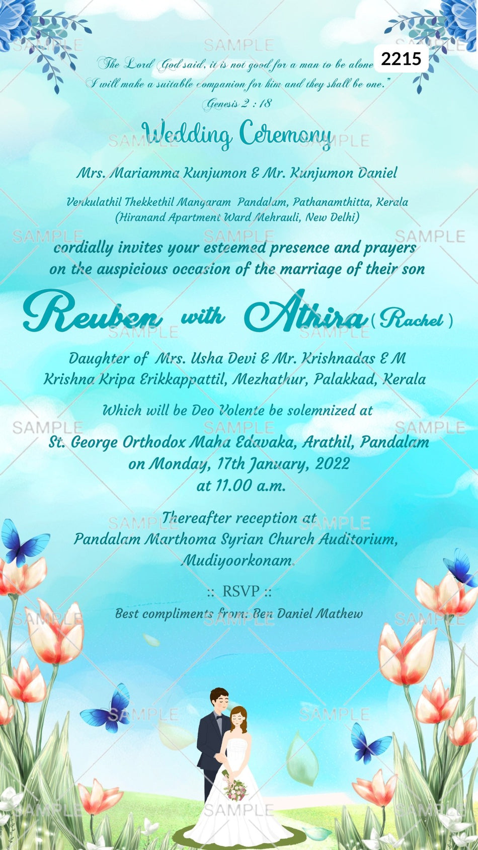 Bible verse Christian wedding ceremony invitation card Canva Editable Template of Catholic church family in english language with Garden theme design 2215