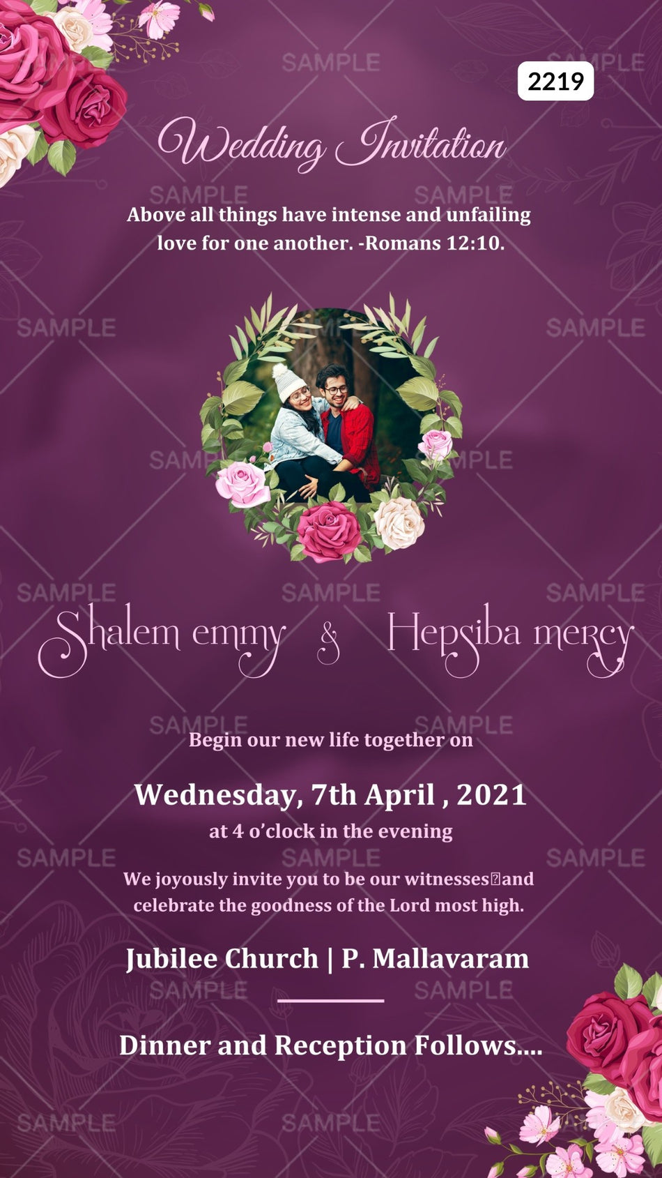 Bible verse Christian wedding ceremony invitation card Canva Editable Template of Catholic church family in english language with couple photo floral theme design 2219