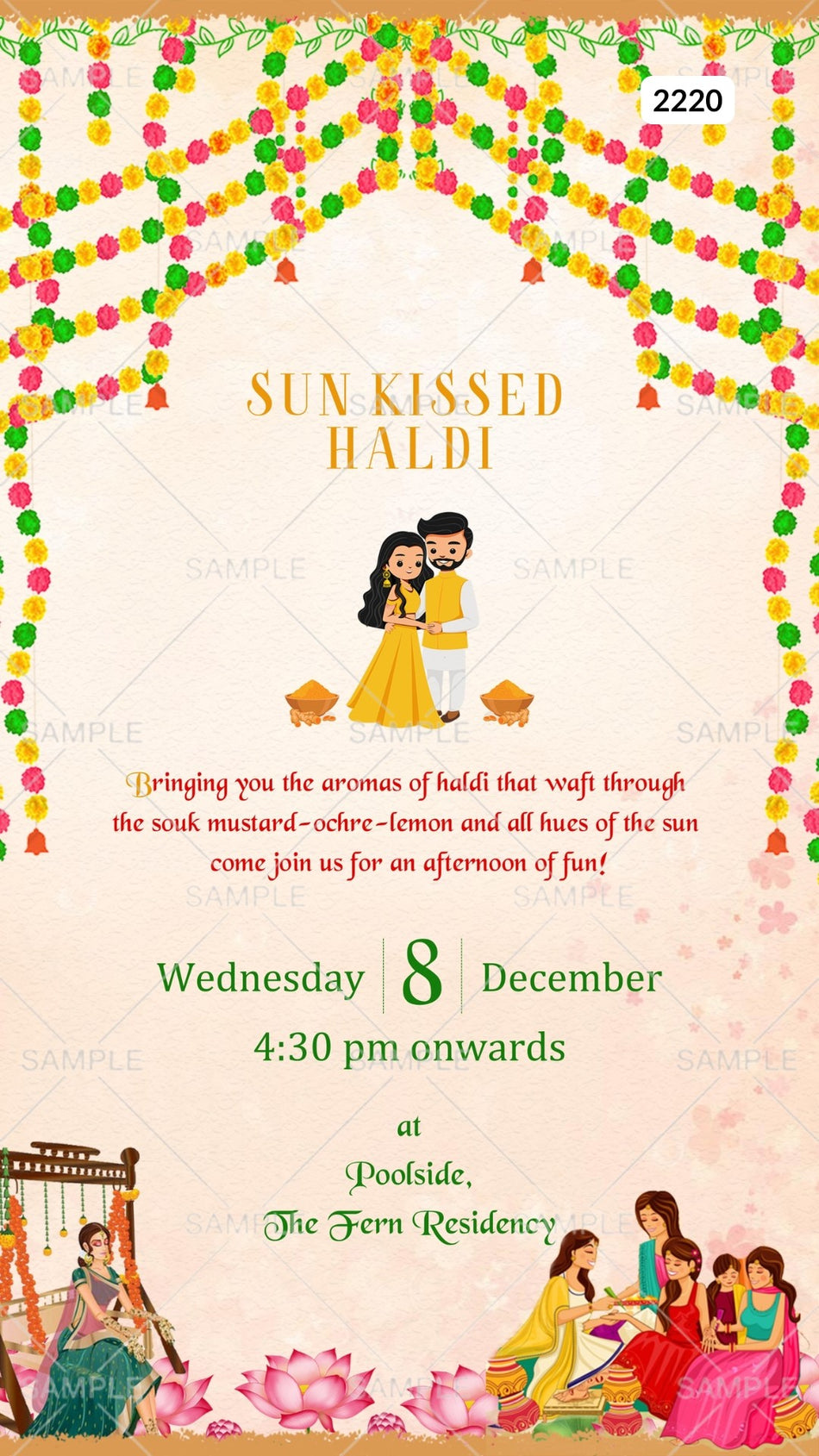 Haldi ceremony invitation card Canva Editable Template in english language with marigold garland, lotus as traditional theme design 2220